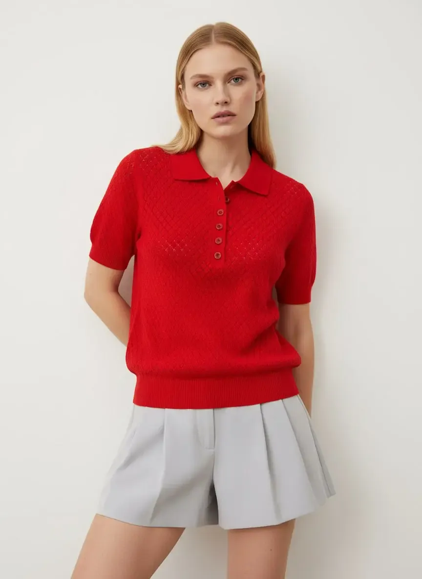 Kadın Polo Yaka Düğme Detay Ajurlu Triko Kazak 12193