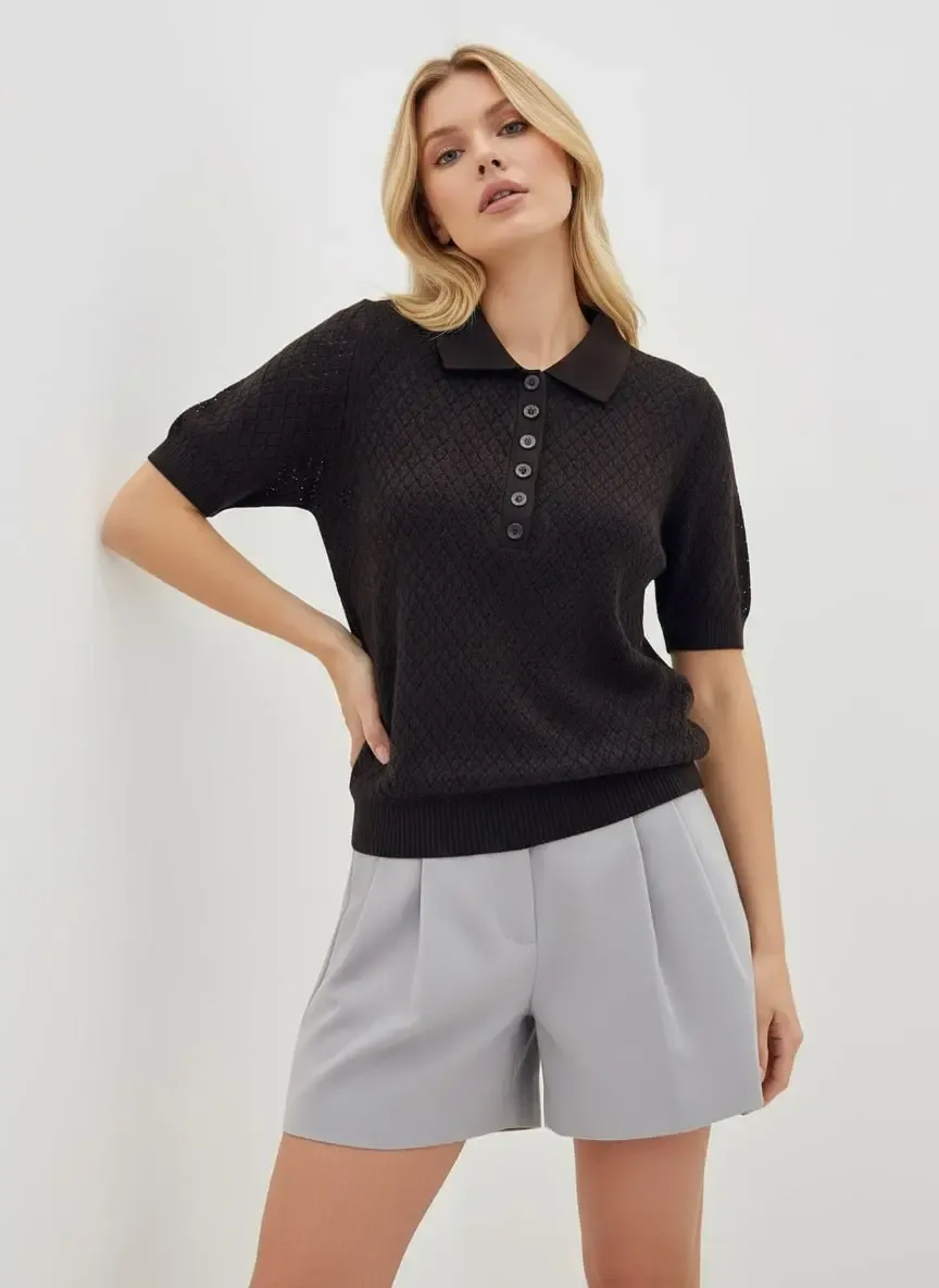Kadın Polo Yaka Düğme Detay Ajurlu Triko Kazak 12193
