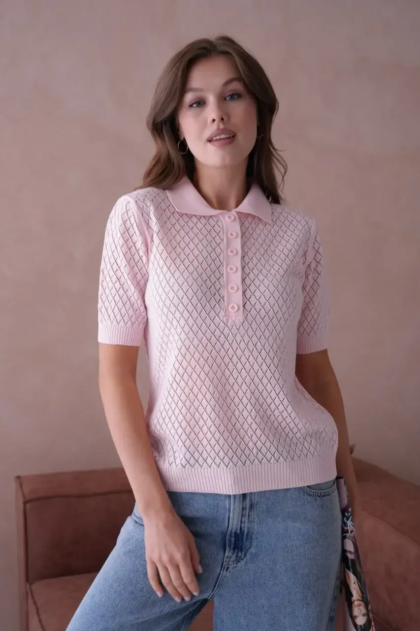 Kadın Polo Yaka Düğme Detay Ajurlu Triko Kazak 12193