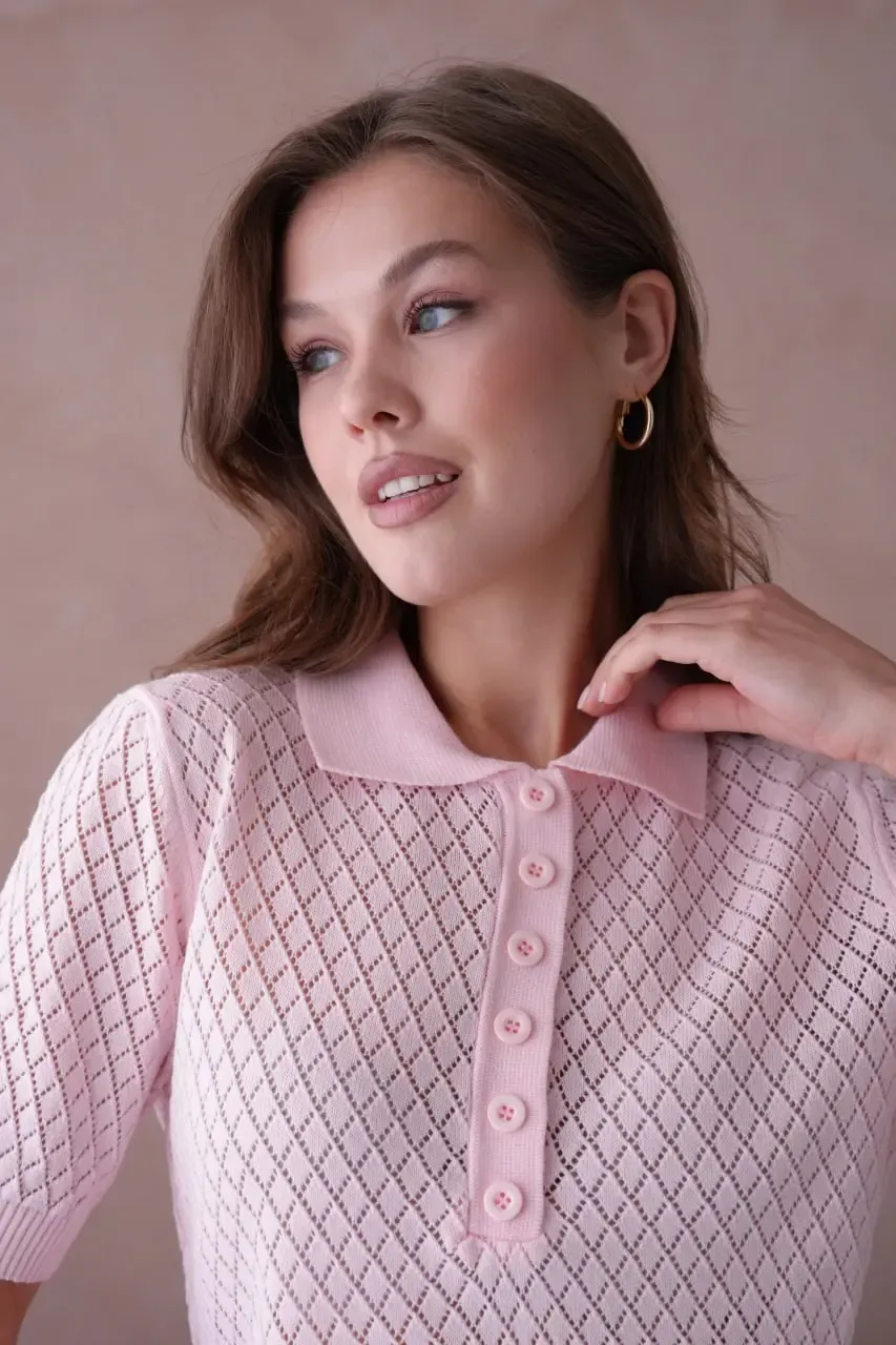 Kadın Polo Yaka Düğme Detay Ajurlu Triko Kazak 12193