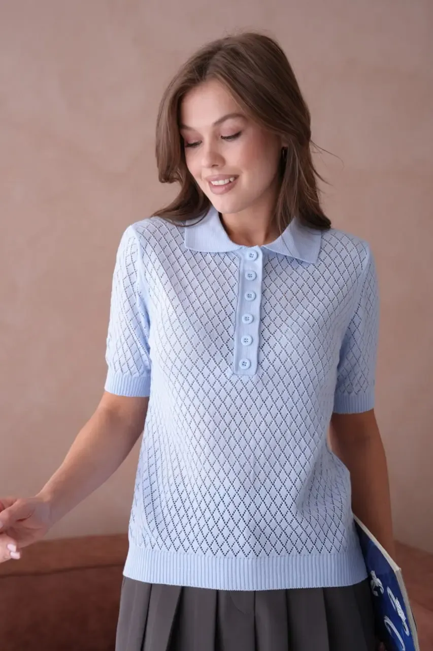 Kadın Polo Yaka Düğme Detay Ajurlu Triko Kazak 12193