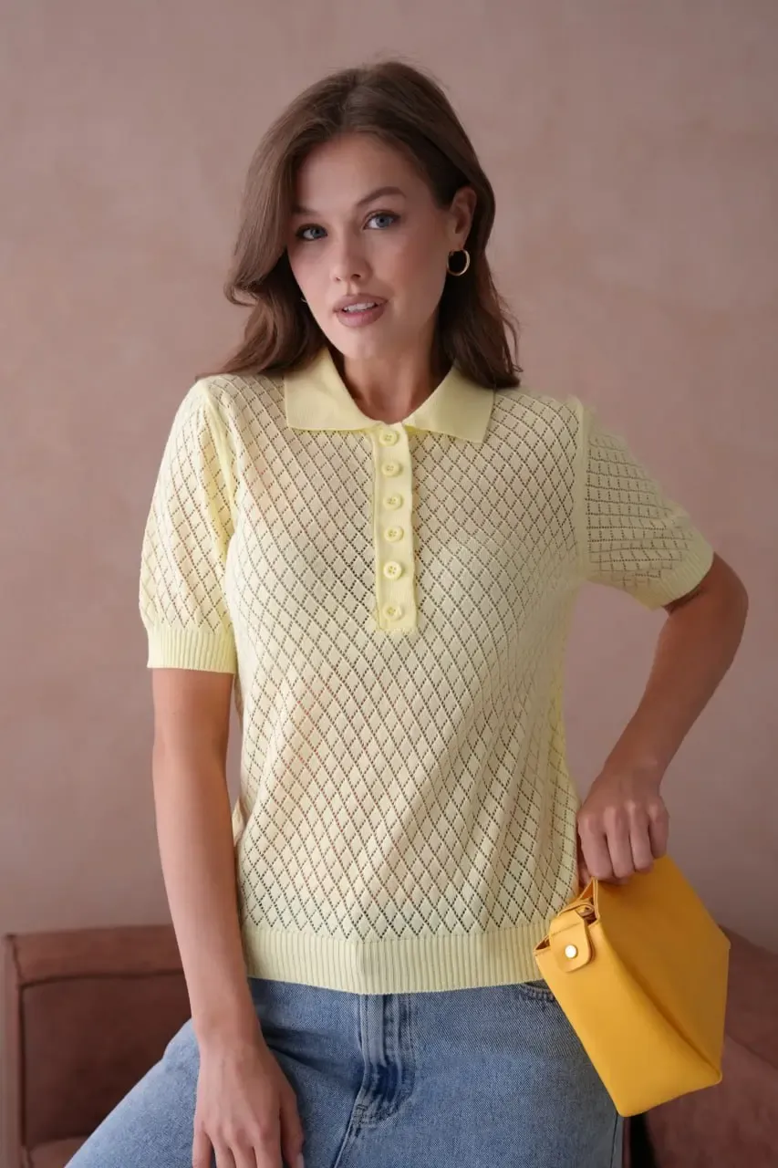 Kadın Polo Yaka Düğme Detay Ajurlu Triko Kazak 12193