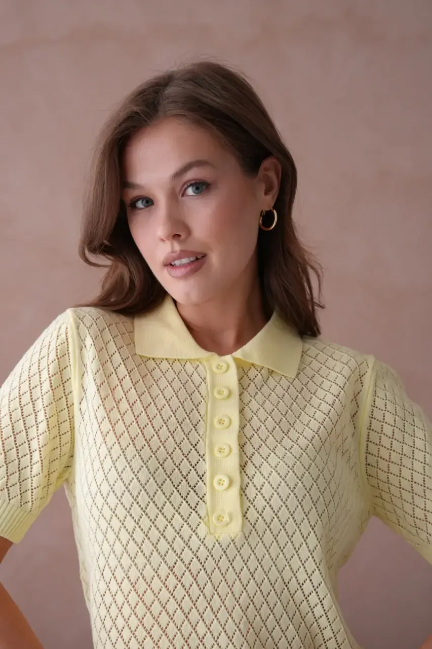 Kadın Polo Yaka Düğme Detay Ajurlu Triko Kazak 12193