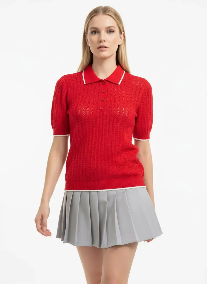 Kadın Polo YAka  Düğme Detay Ajurlu Triko Kazak 12198