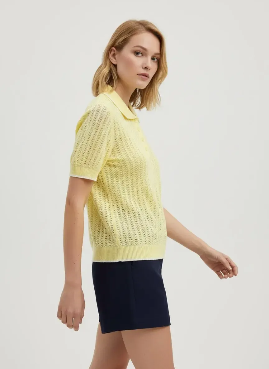 Kadın Polo YAka  Düğme Detay Ajurlu Triko Kazak 12198