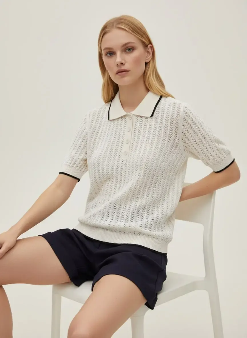 Kadın Polo YAka  Düğme Detay Ajurlu Triko Kazak 12198