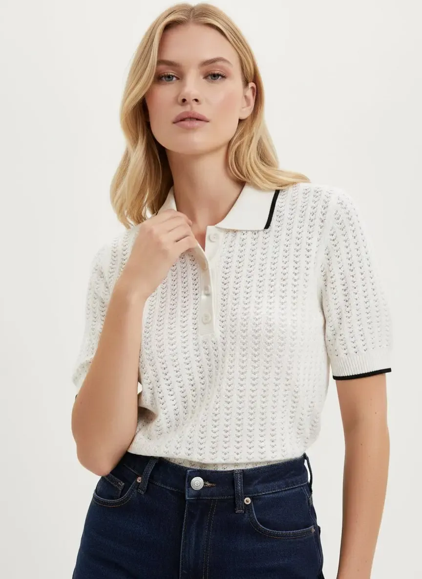 Kadın Polo YAka  Düğme Detay Ajurlu Triko Kazak 12198