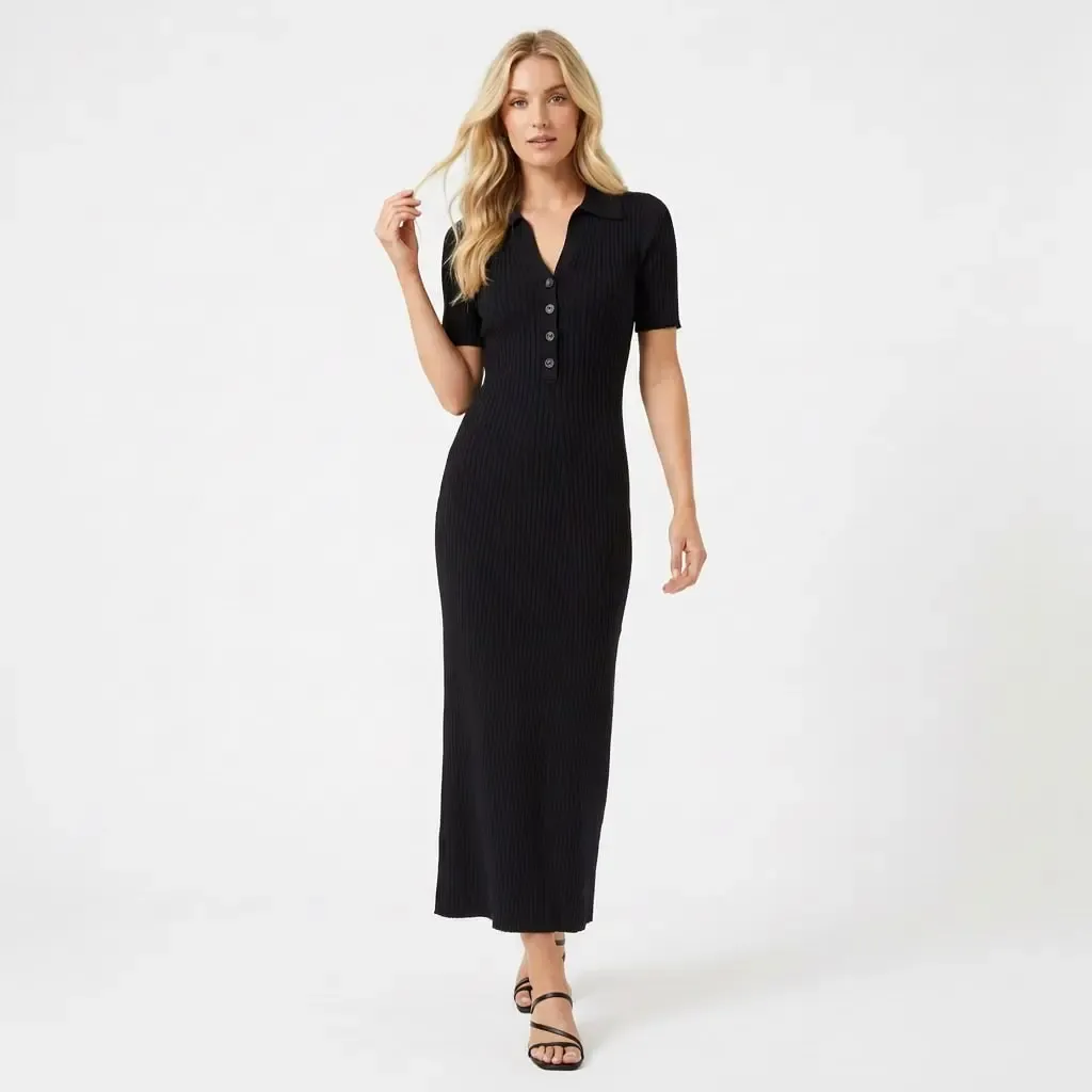 Kadın Polo Yaka Düğme Detay Kaşkorse Viskon Triko Elbise 12438