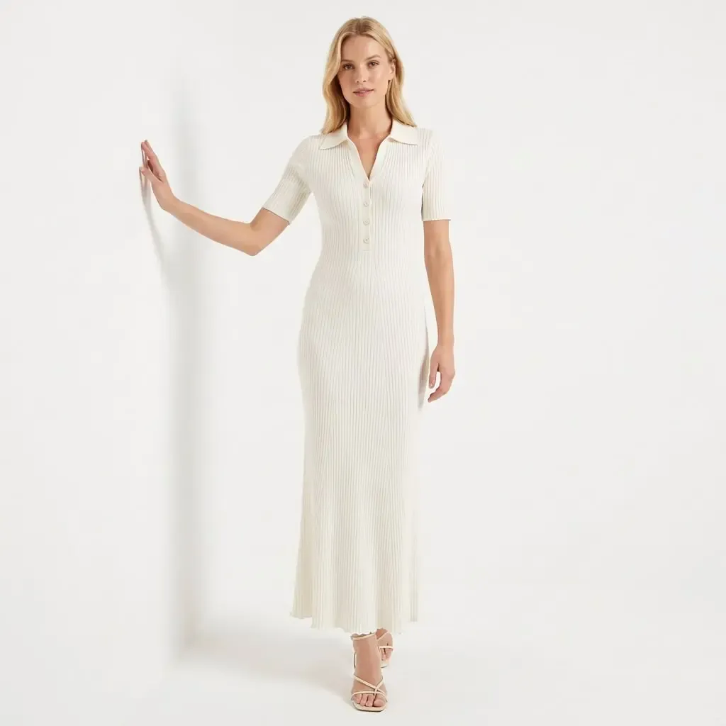 Kadın Polo Yaka Düğme Detay Kaşkorse Viskon Triko Elbise 12438