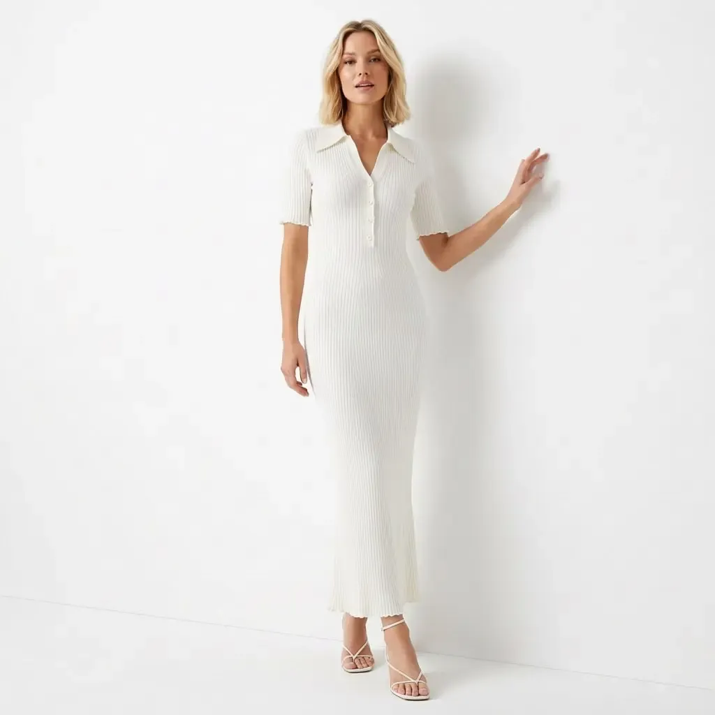 Kadın Polo Yaka Düğme Detay Kaşkorse Viskon Triko Elbise 12438