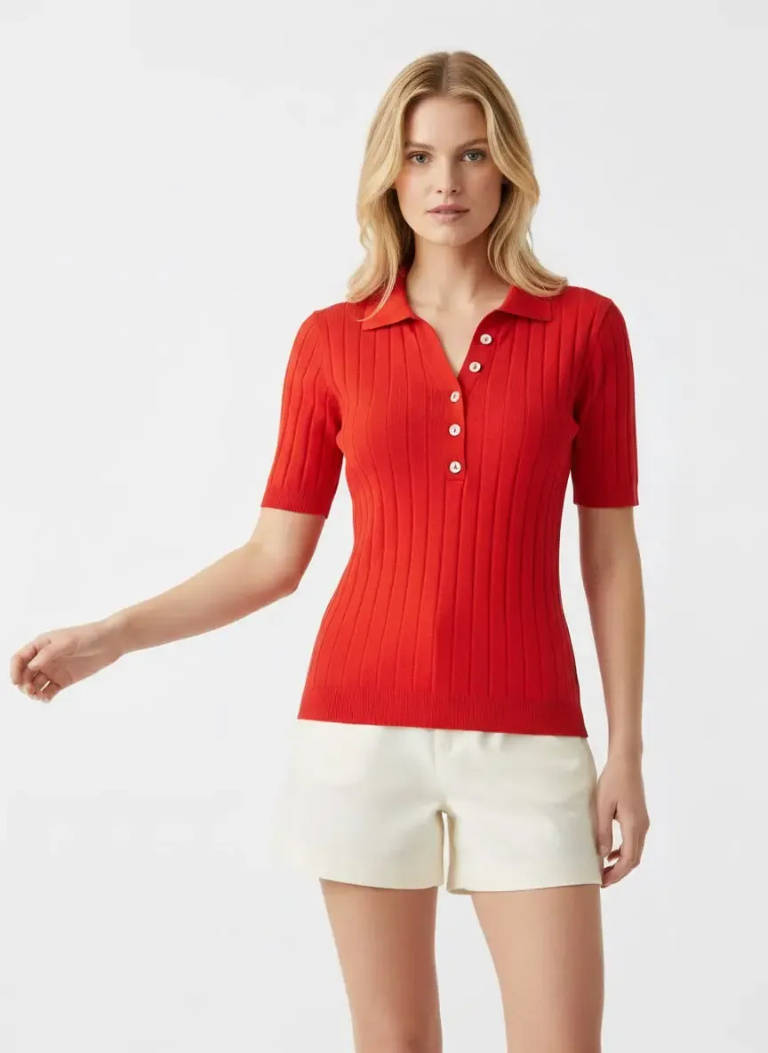 Kadın Polo Yaka Düğme Detay Viskon Kaşkorse Triko Kazak 12455.Vrt