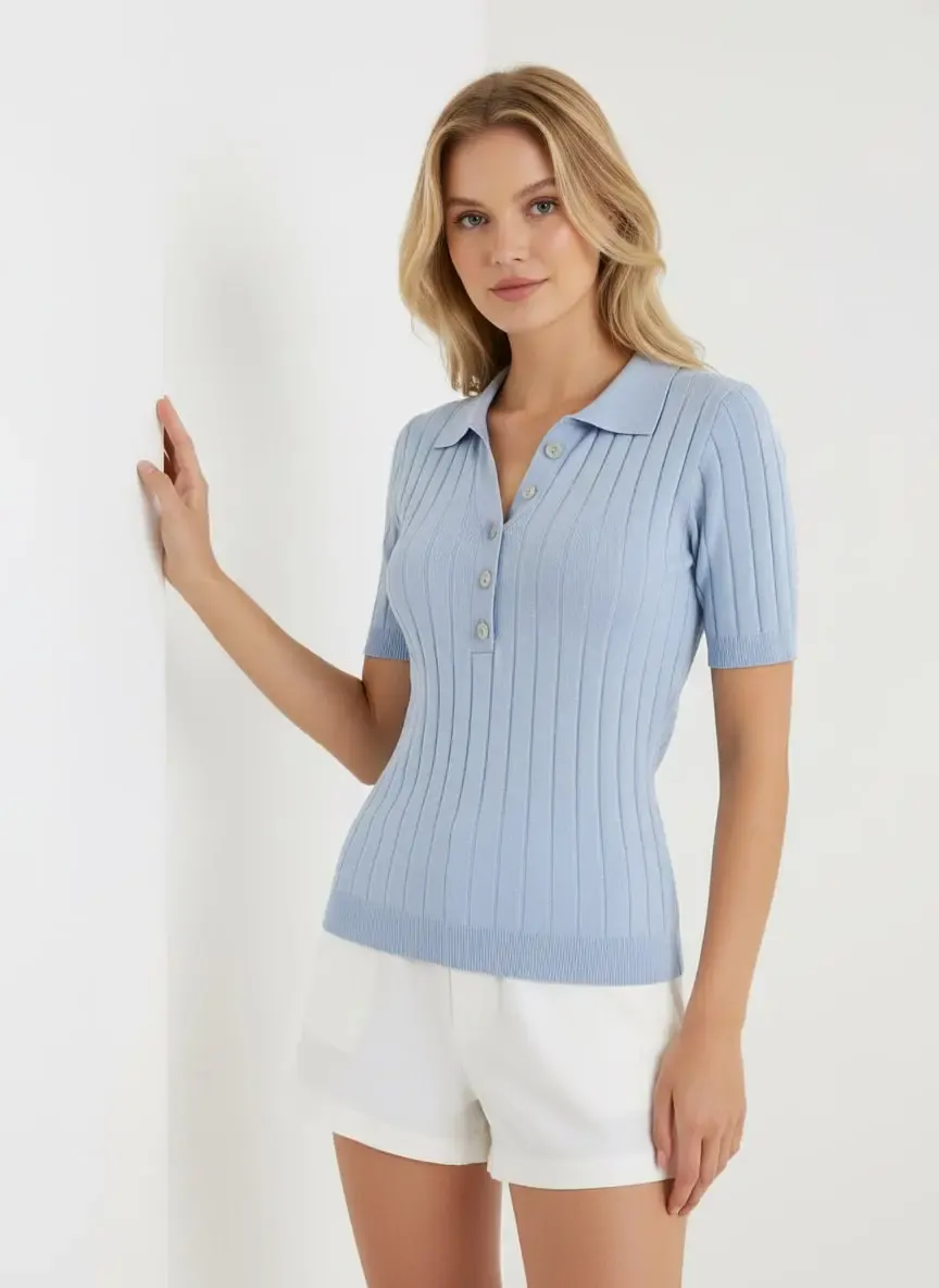 Kadın Polo Yaka Düğme Detay Viskon Kaşkorse Triko Kazak 12455.Vrt