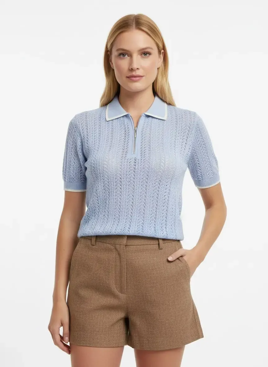 Kadın Polo Yaka Fermuar Detay Ajurlu Triko Kazak 12461