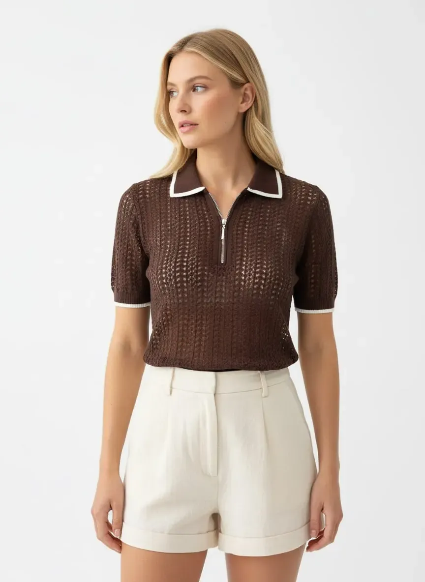 Kadın Polo Yaka Fermuar Detay Ajurlu Triko Kazak 12461