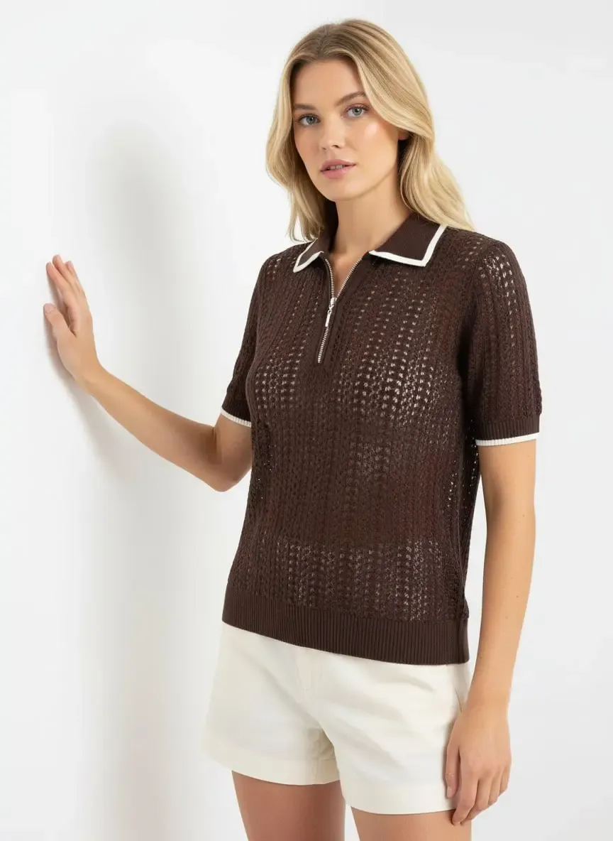 Kadın Polo Yaka Fermuar Detay Ajurlu Triko Kazak 12461