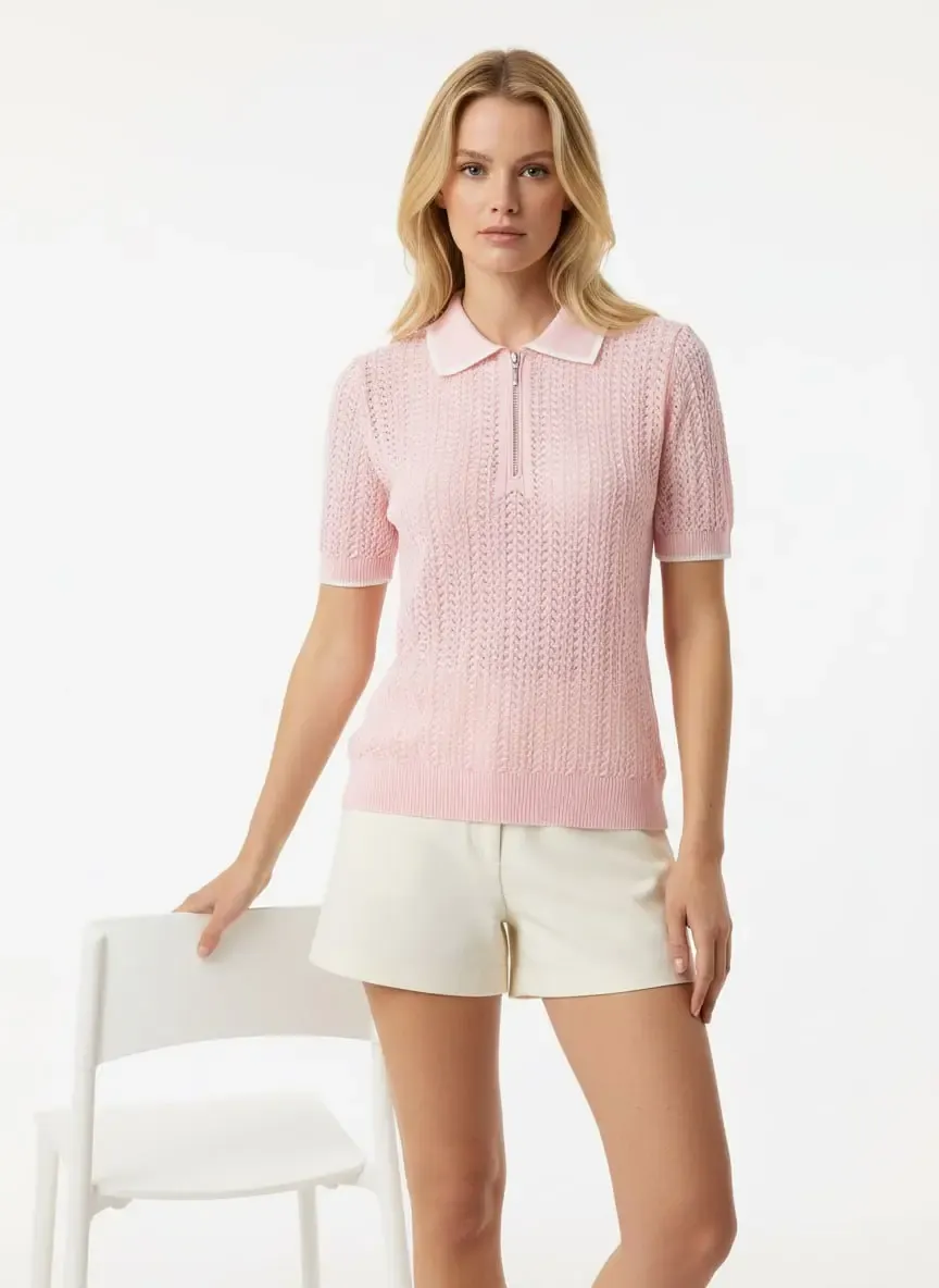 Kadın Polo Yaka Fermuar Detay Ajurlu Triko Kazak 12461