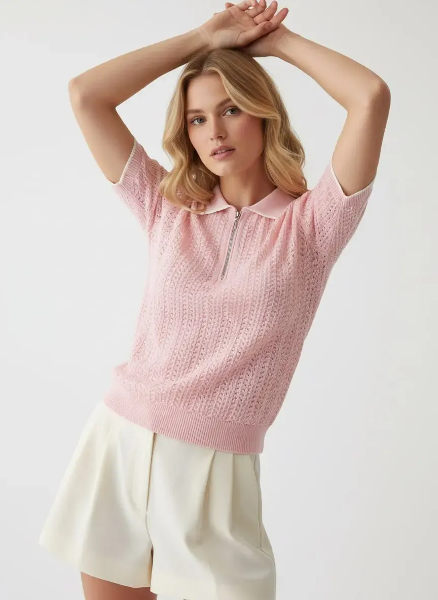 Kadın Polo Yaka Fermuar Detay Ajurlu Triko Kazak 12461