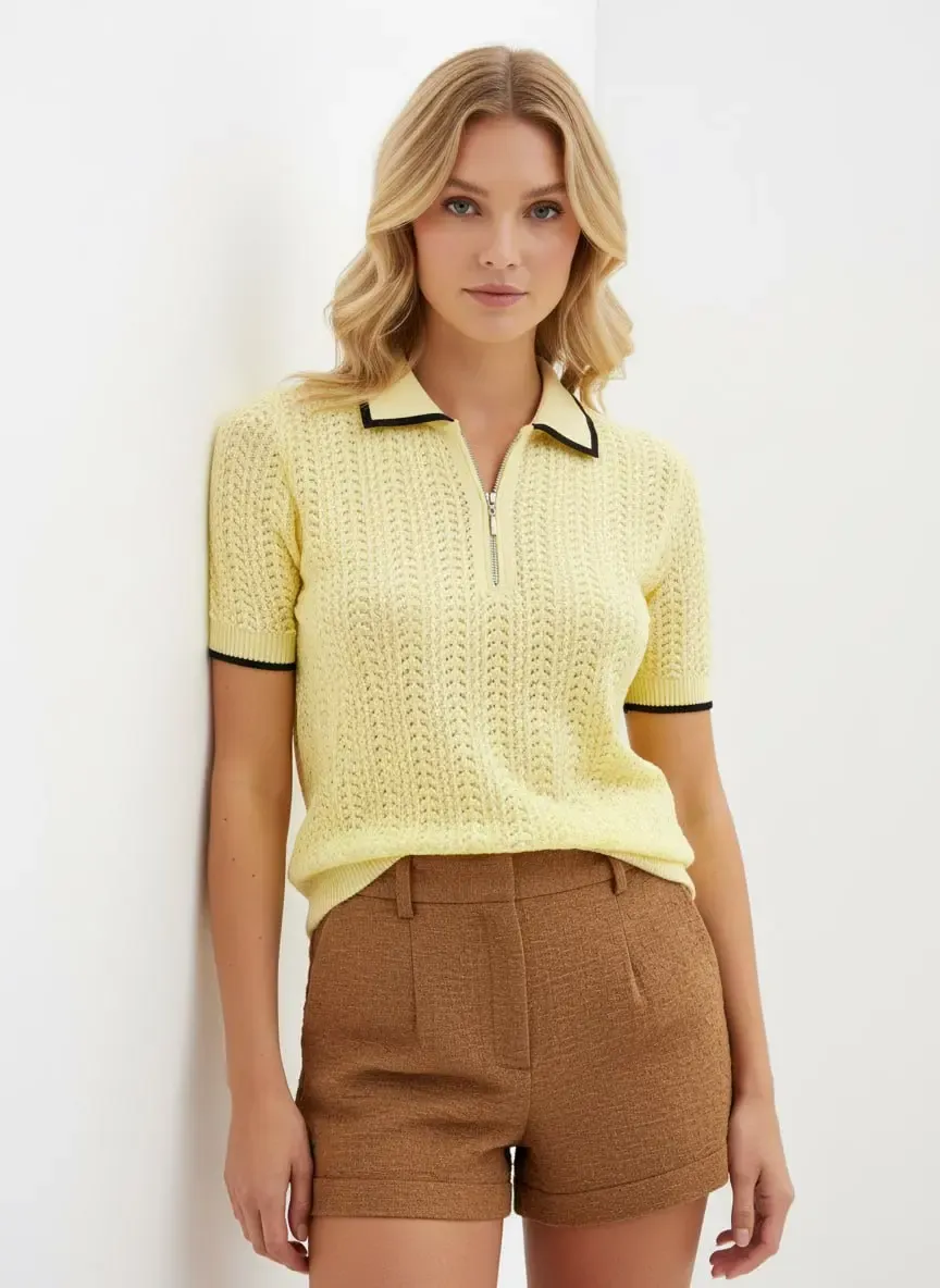 Kadın Polo Yaka Fermuar Detay Ajurlu Triko Kazak 12461