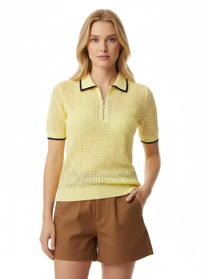 Kadın Polo Yaka Fermuar Detay Ajurlu Triko Kazak 12461