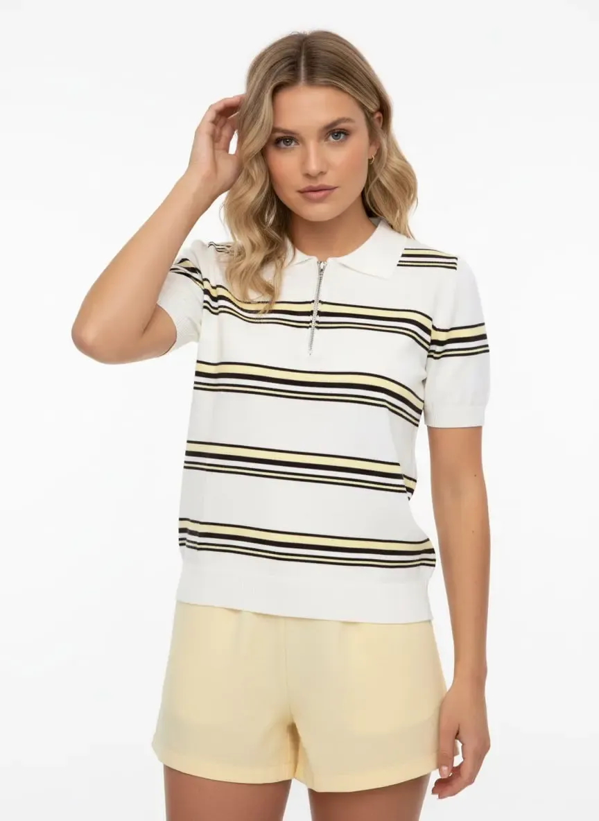 Kadın Polo Yaka Fermuar Detay Çizgili Premium İplik Triko Kazak 12482.Crs