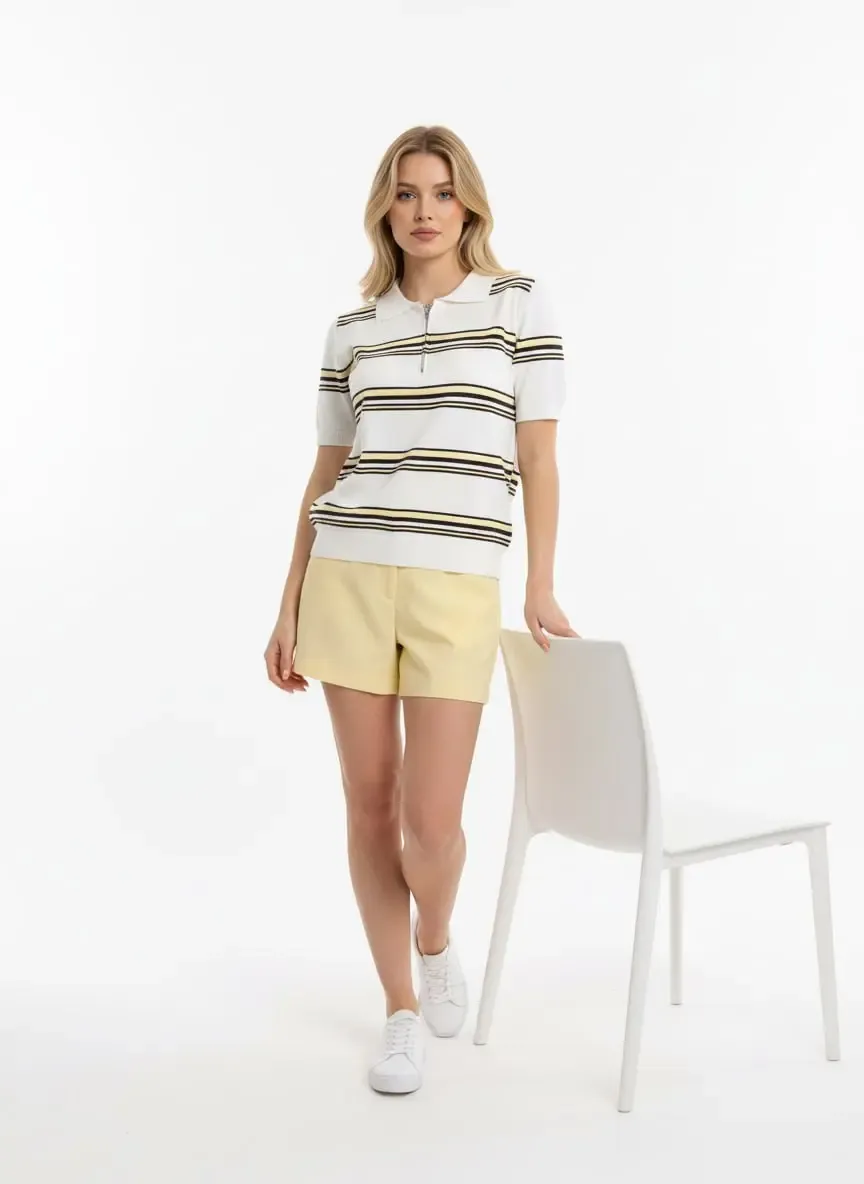 Kadın Polo Yaka Fermuar Detay Çizgili Premium İplik Triko Kazak 12482.Crs