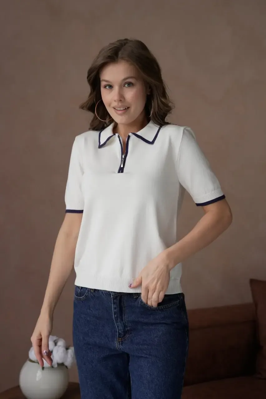 Kadın Polo Yaka Fermuar Detay Yumuşak Dokulu Viskon Triko Kazak 12182.Vrt