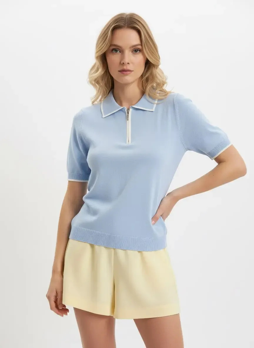 Kadın Polo Yaka Fermuar Detay Yumuşak Dokulu Viskon Triko Kazak 12182.Vrt