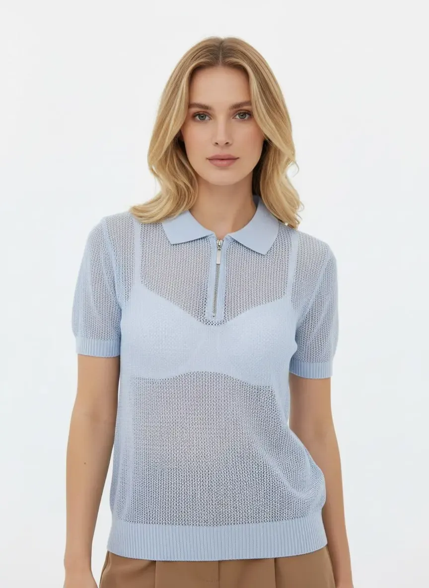 Kadın Polo Yaka Fermuarlı Örgü Detay Triko Kazak 12454