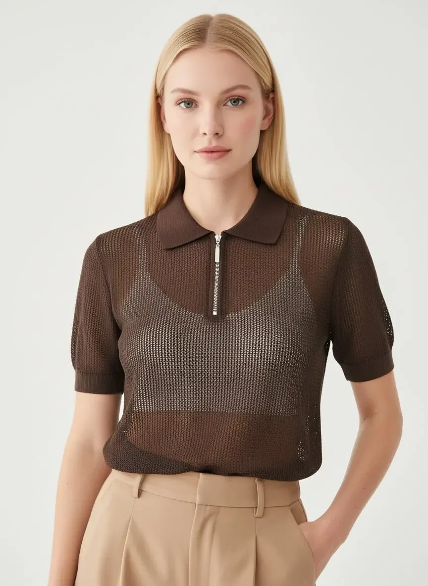 Kadın Polo Yaka Fermuarlı Örgü Detay Triko Kazak 12454