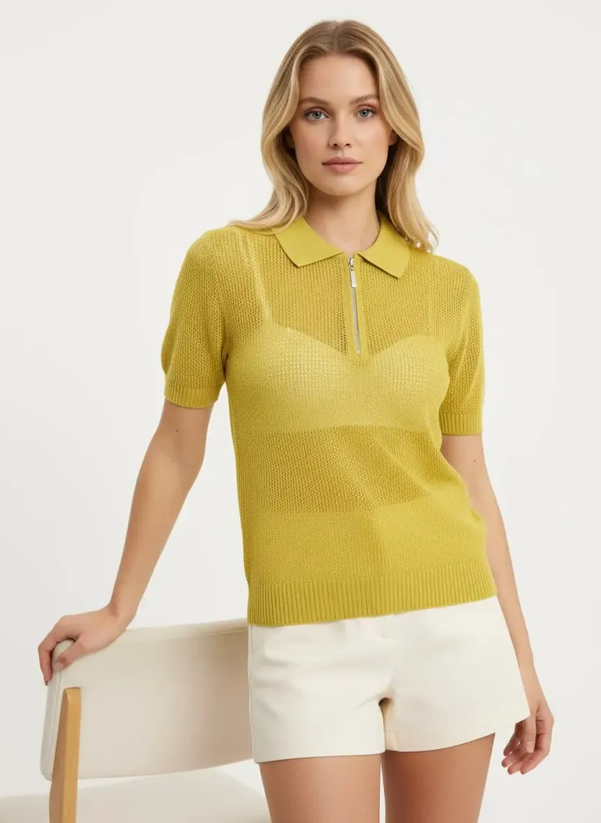 Kadın Polo Yaka Fermuarlı Örgü Detay Triko Kazak 12454