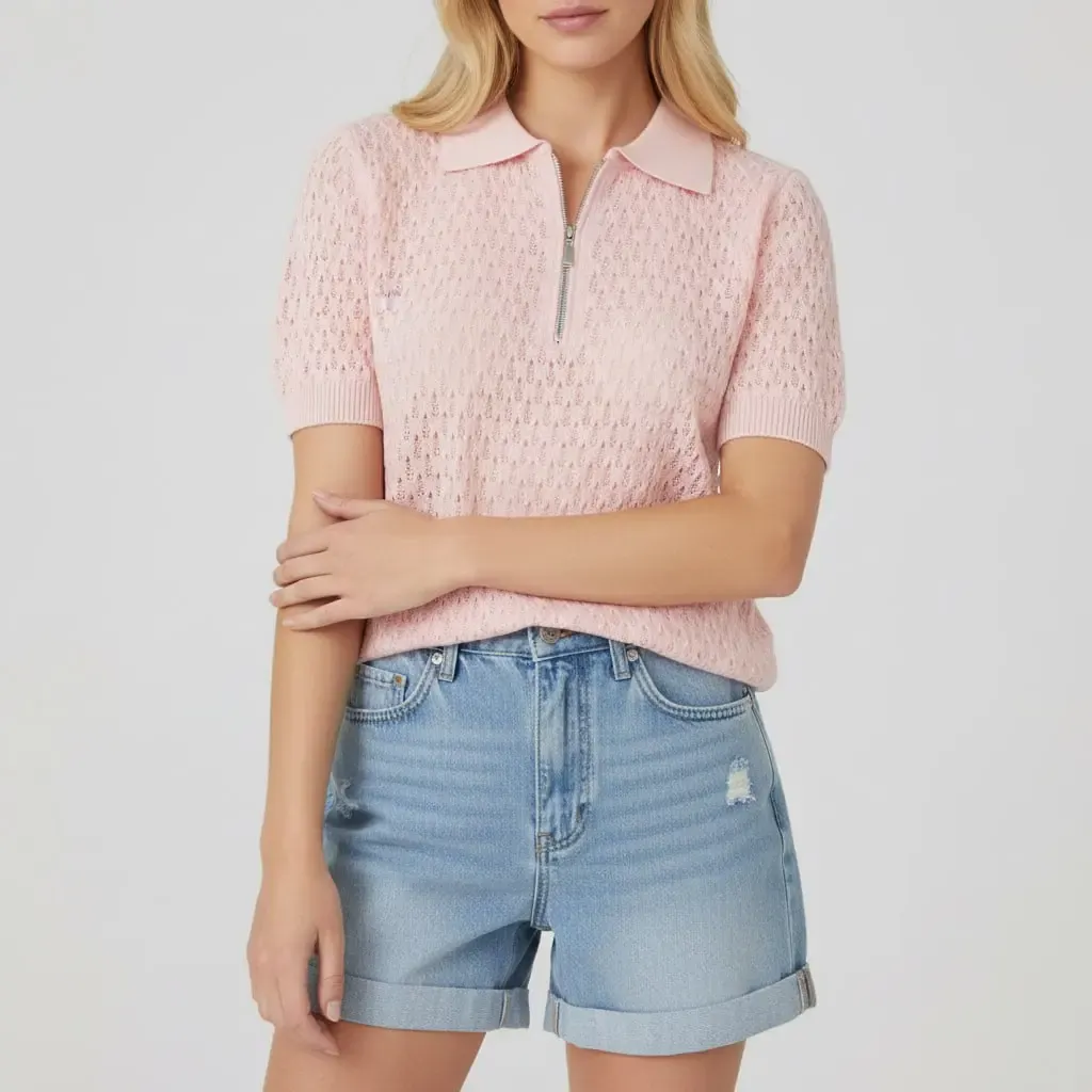 Kadın Polo Yaka Fermuarlı Örgü Detay Triko Kazak 12469