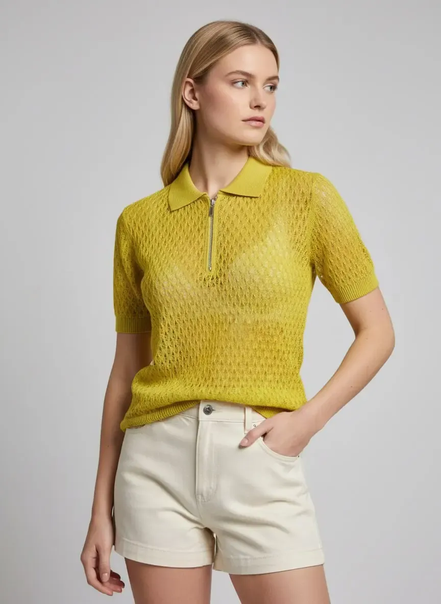 Kadın Polo Yaka Fermuarlı Örgü Detay Triko Kazak 12469