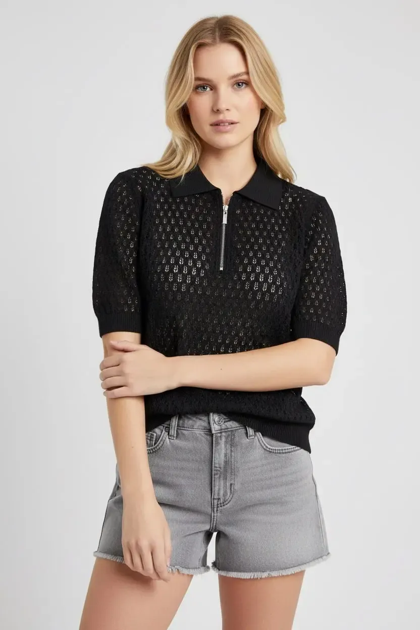 Kadın Polo Yaka Fermuarlı Örgü Detay Triko Kazak 12469