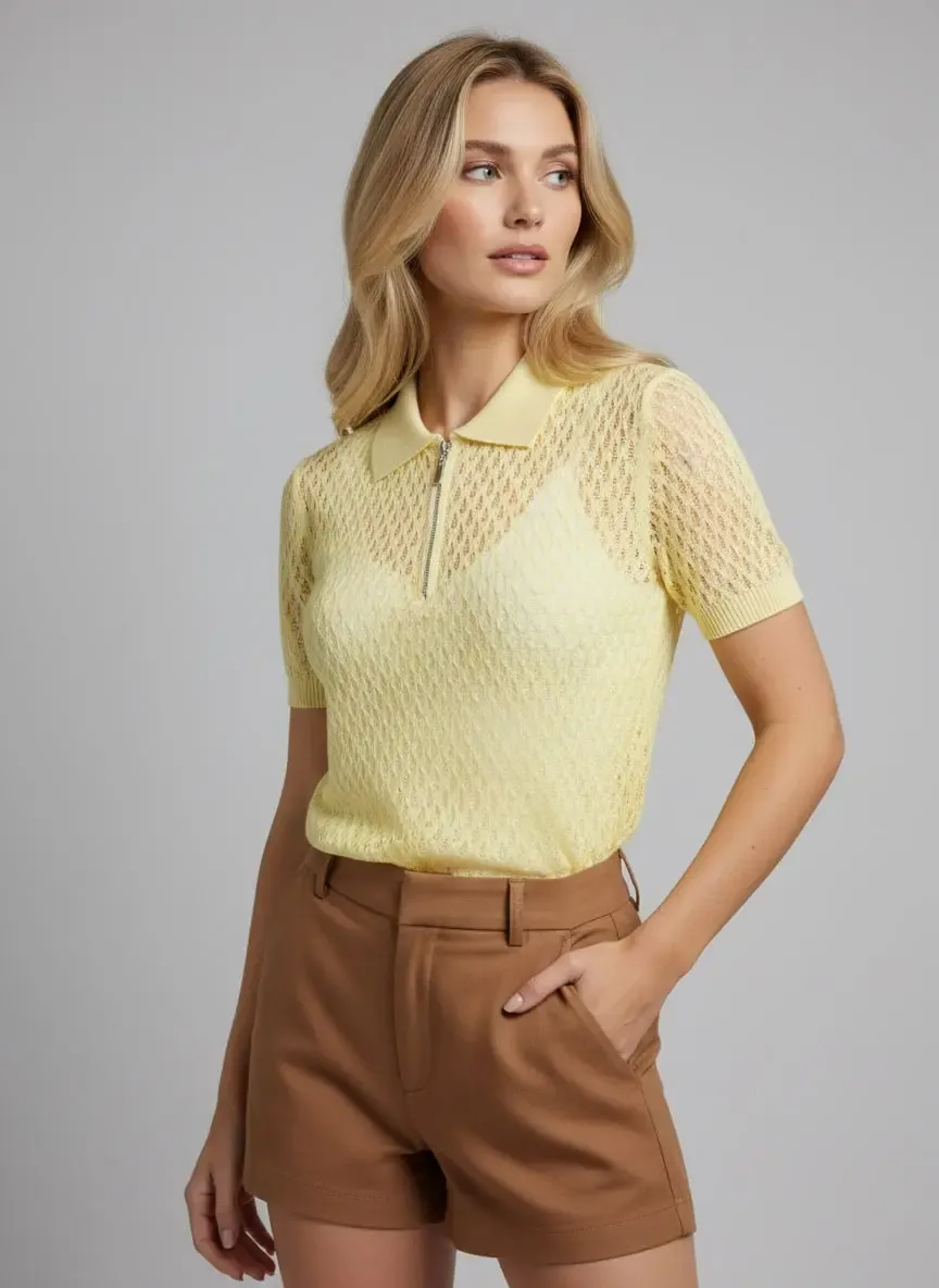 Kadın Polo Yaka Fermuarlı Örgü Detay Triko Kazak 12469