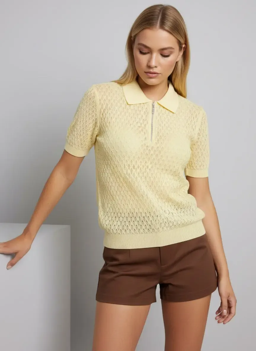 Kadın Polo Yaka Fermuarlı Örgü Detay Triko Kazak 12469