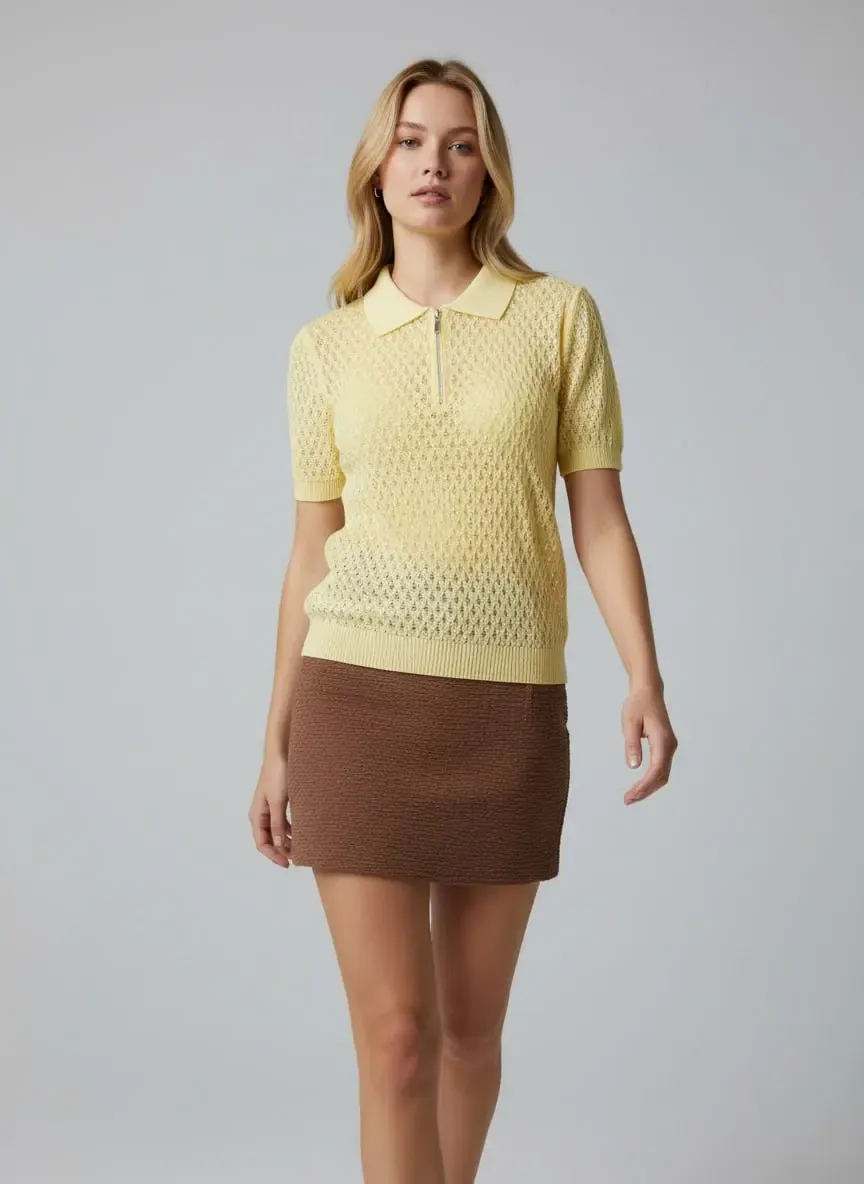 Kadın Polo Yaka Fermuarlı Örgü Detay Triko Kazak 12469