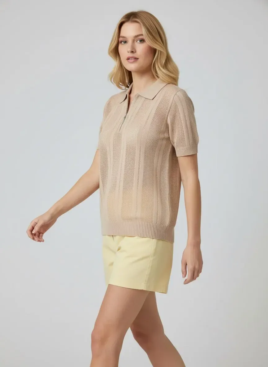 Kadın Polo Yaka Fermuarlı Örgü Detay Triko Kazak 12471