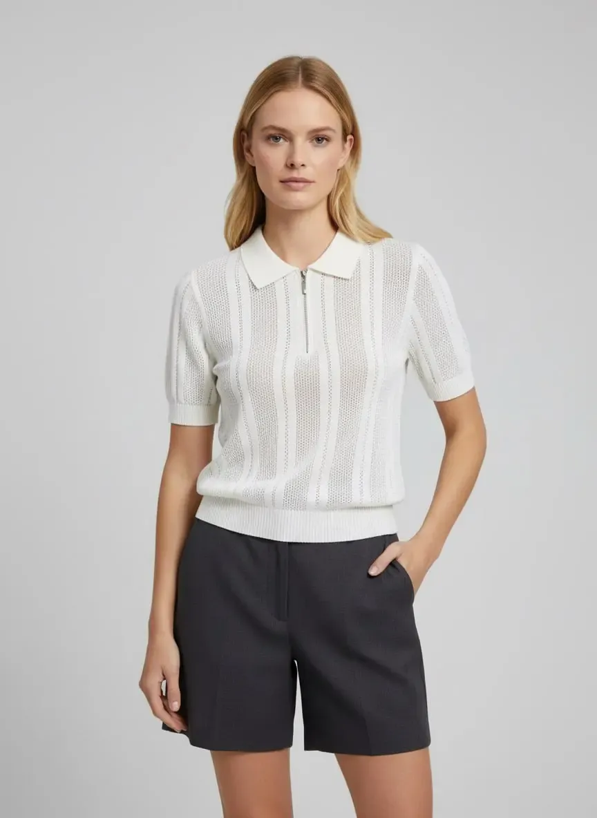 Kadın Polo Yaka Fermuarlı Örgü Detay Triko Kazak 12471