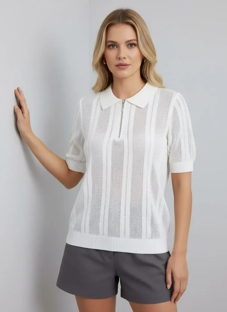 Kadın Polo Yaka Fermuarlı Örgü Detay Triko Kazak 12471