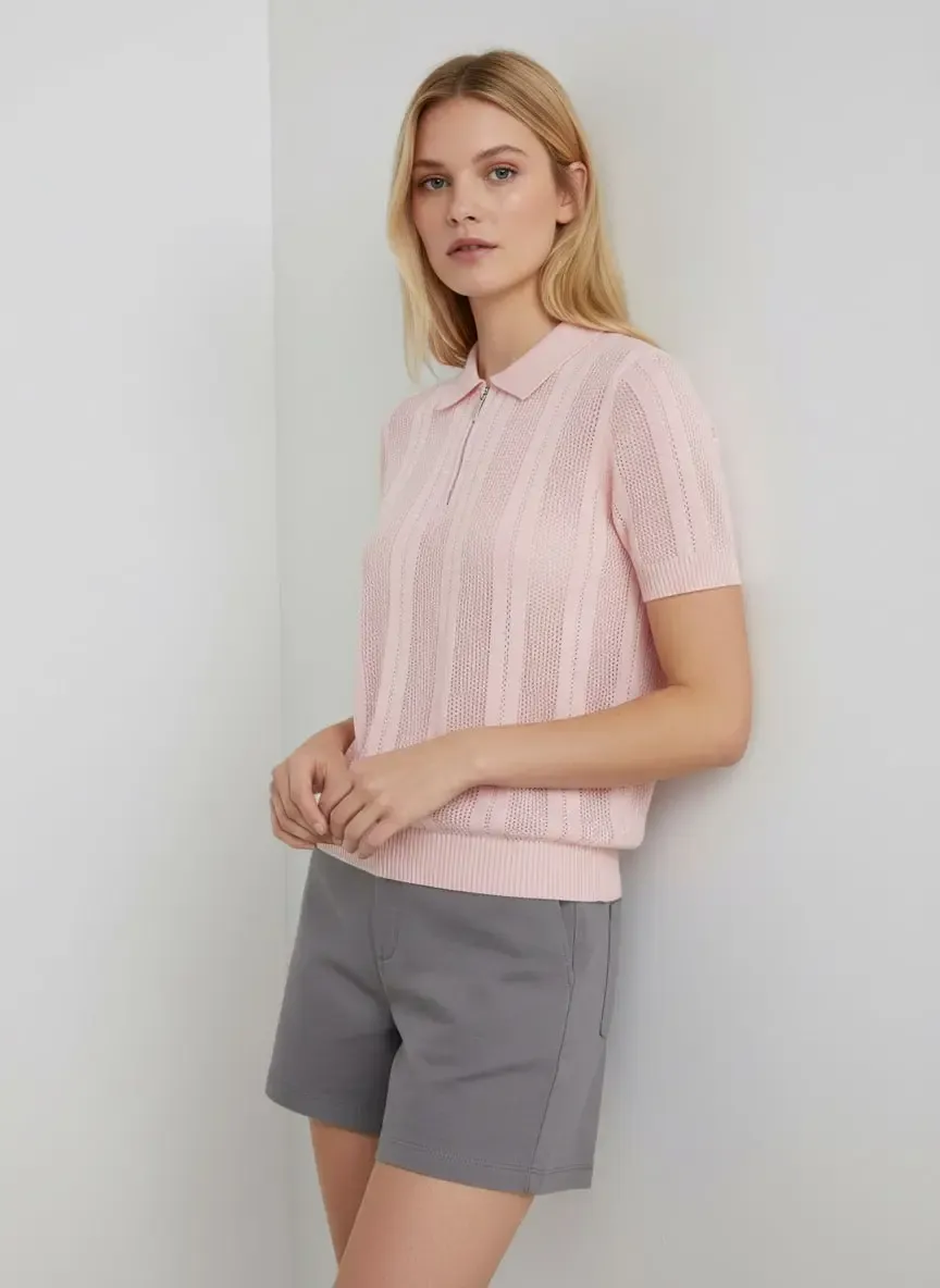 Kadın Polo Yaka Fermuarlı Örgü Detay Triko Kazak 12471