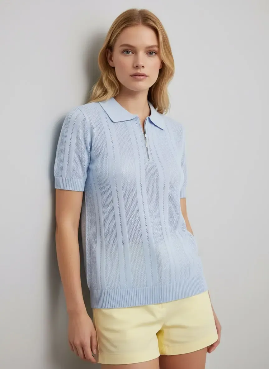 Kadın Polo Yaka Fermuarlı Örgü Detay Triko Kazak 12471