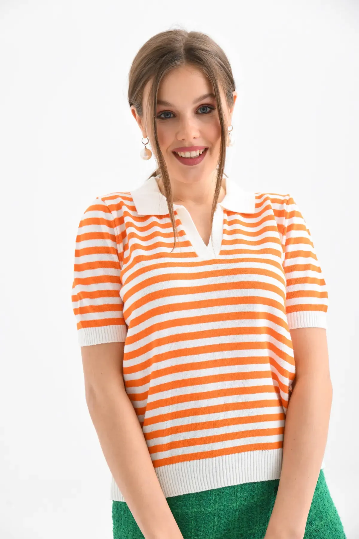 Kadın Polo Yaka Kısa Kol Çizgili Triko Kazak 10021