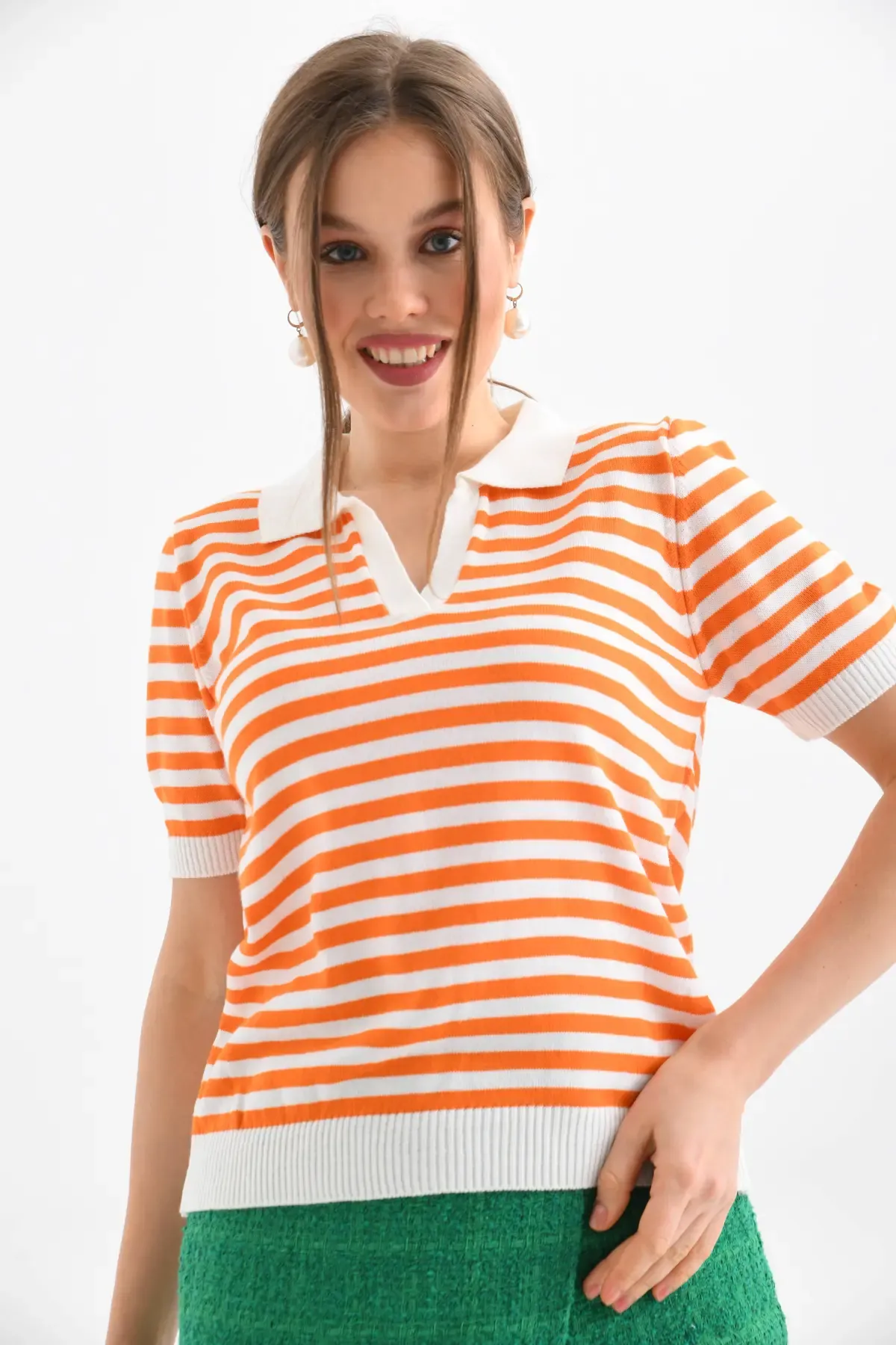 Kadın Polo Yaka Kısa Kol Çizgili Triko Kazak 10021