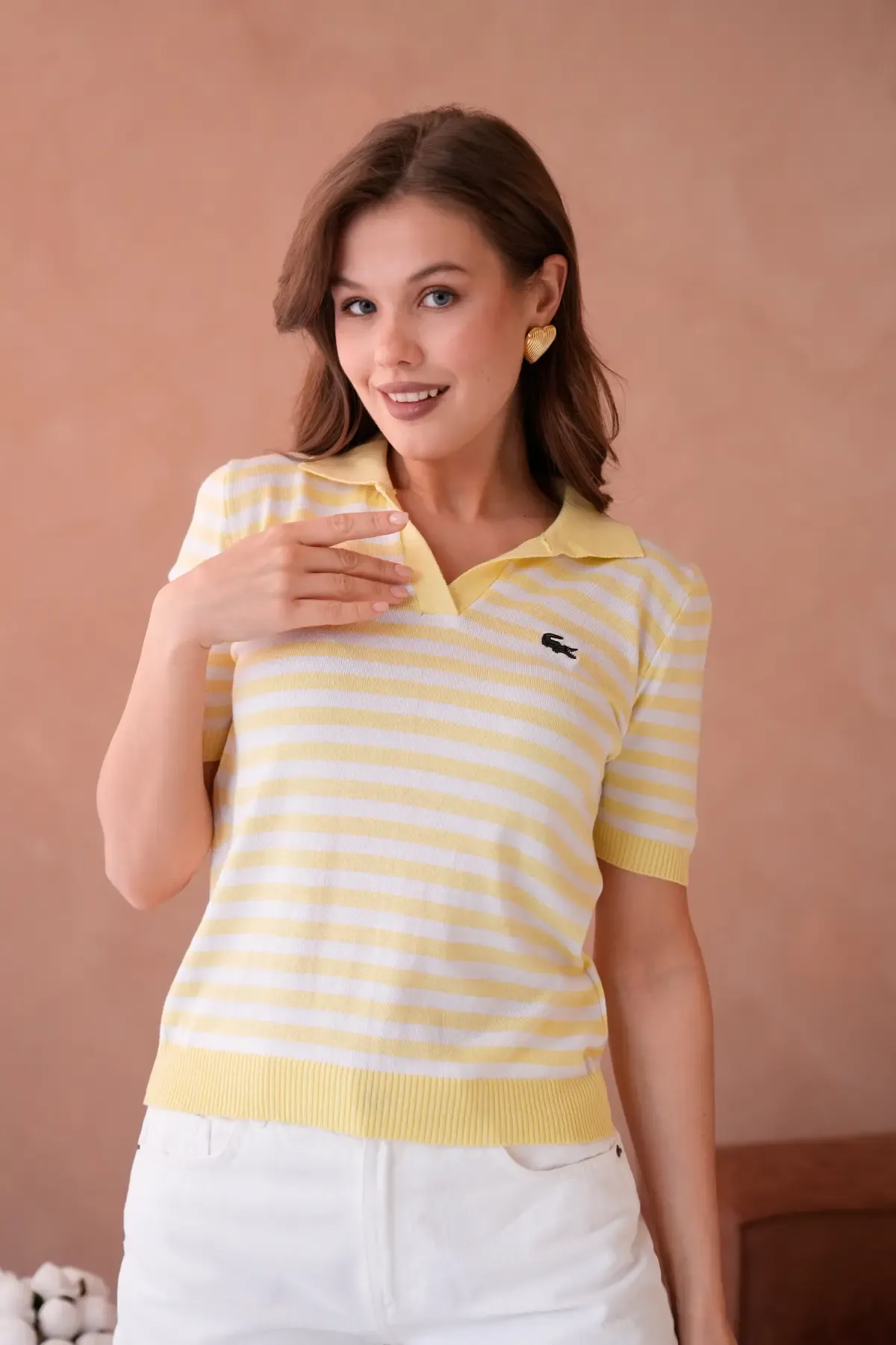 Kadın Polo Yaka Kısa Kol Çizgili Triko Kazak 10050.Ctn