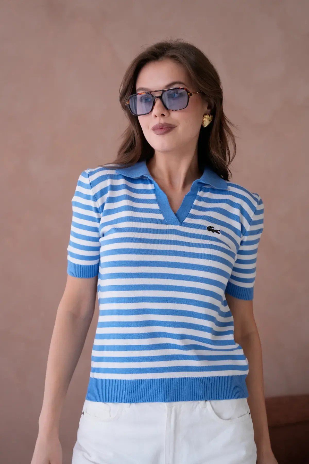 Kadın Polo Yaka Kısa Kol Çizgili Triko Kazak 10050.Ctn