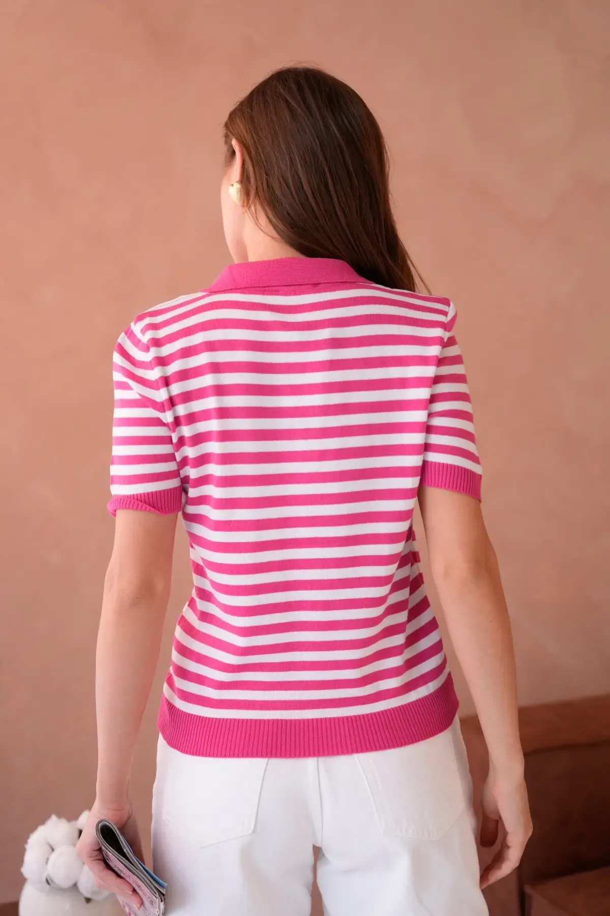 Kadın Polo Yaka Kısa Kol Çizgili Triko Kazak 10050.Ctn