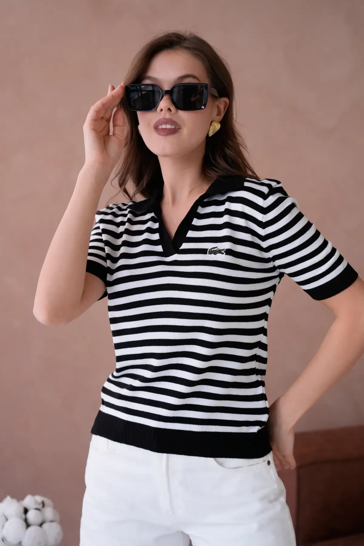Kadın Polo Yaka Kısa Kol Çizgili Triko Kazak 10050.Ctn