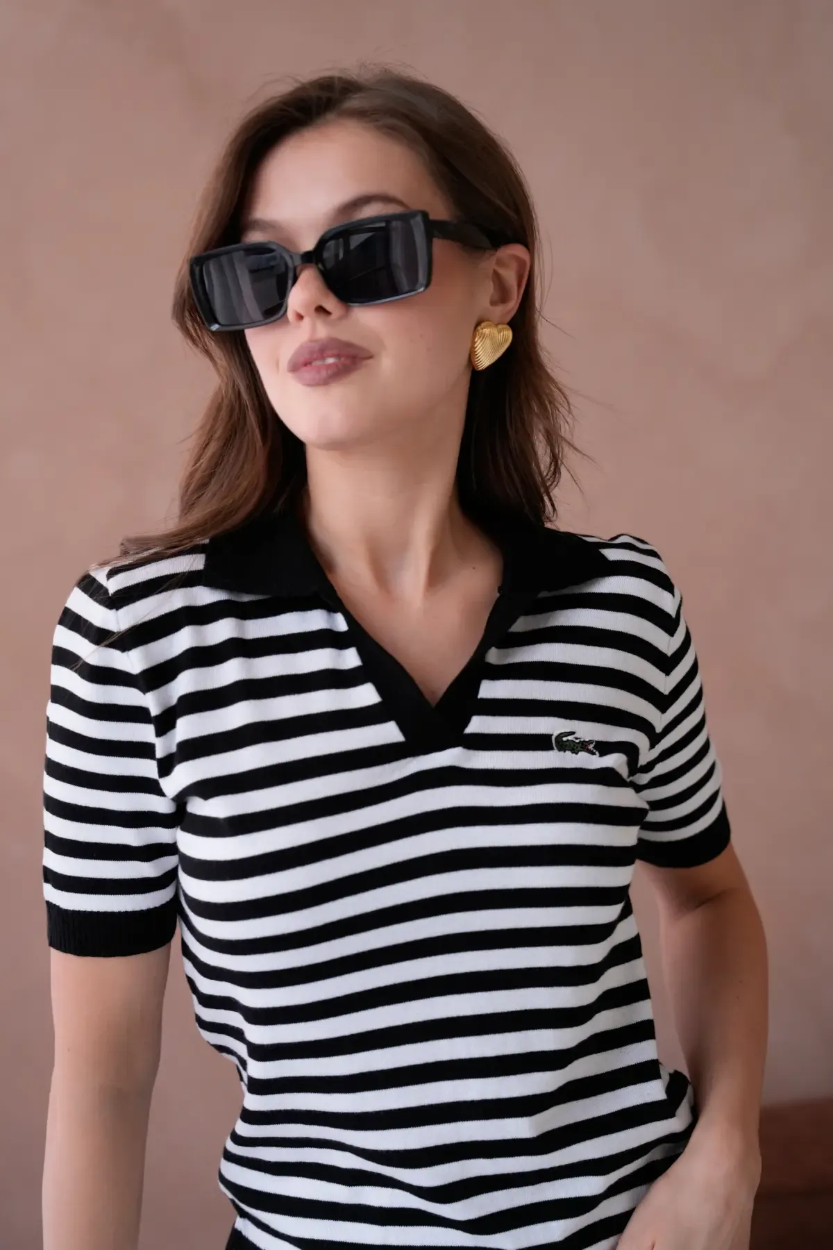 Kadın Polo Yaka Kısa Kol Çizgili Triko Kazak 10050.Ctn