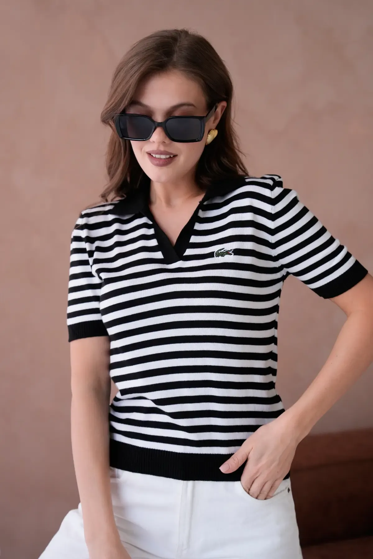 Kadın Polo Yaka Kısa Kol Çizgili Triko Kazak 10050.Ctn