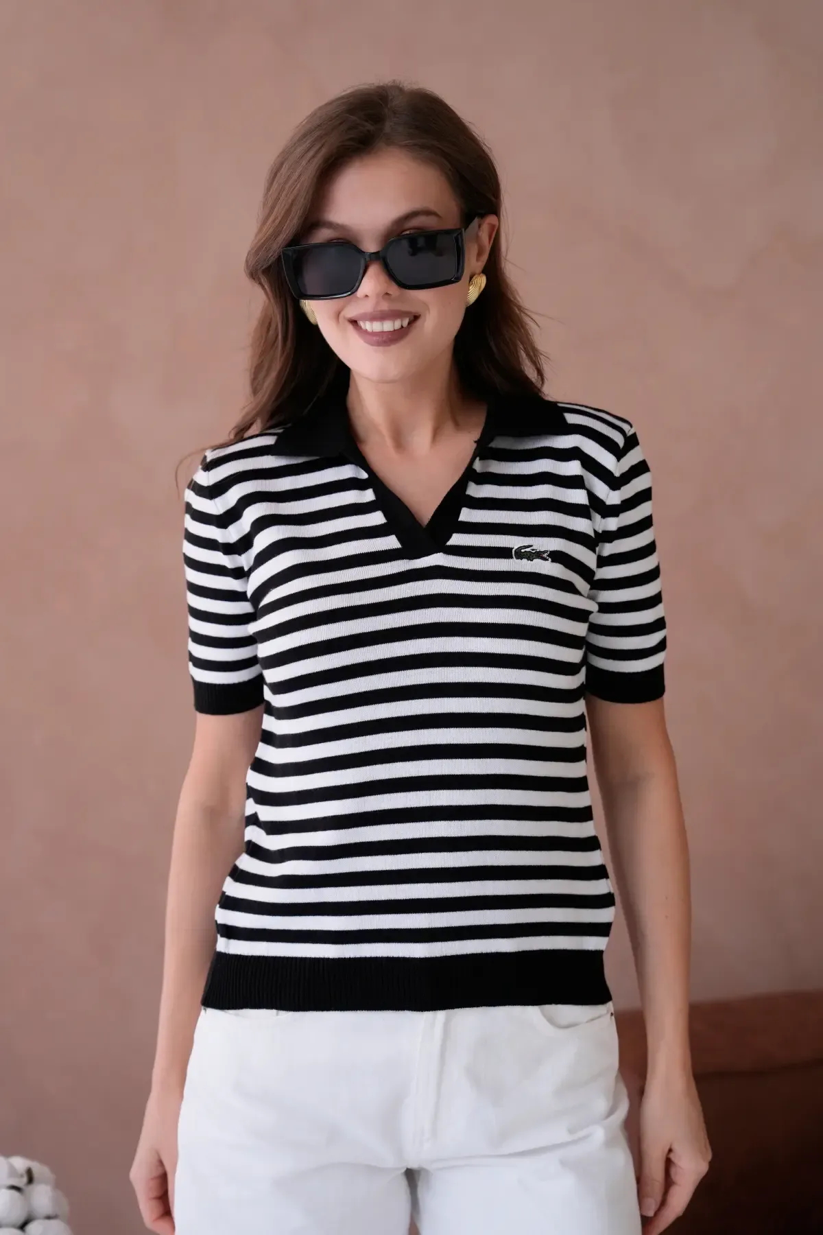Kadın Polo Yaka Kısa Kol Çizgili Triko Kazak 10050.Ctn
